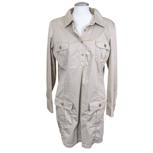 Old Navy Womens Utility Popover Dress XL Cargo Beige Long Sleeve Pockets Button - Picture 1 of 8